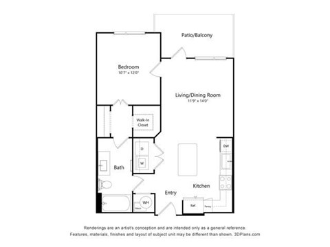 Floor plan for 1 bed, 1 bath, 708 sqft